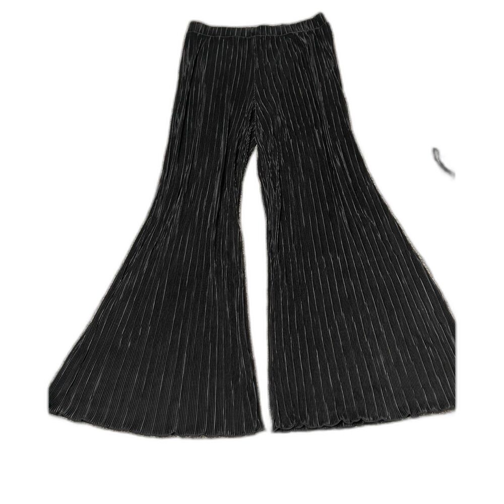 New IMAN black plissé striped wide-leg high waisted pants L